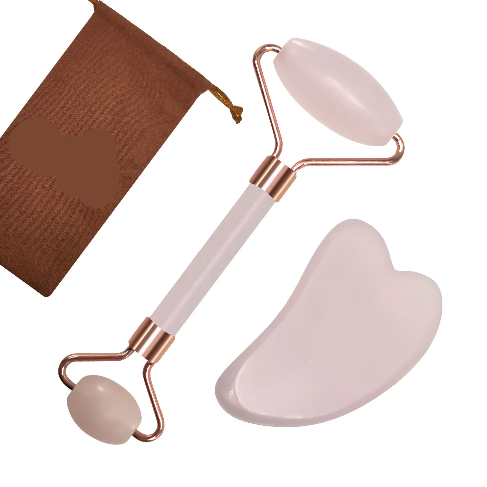 
100% natural rose pink quartz jade roller gua sha set facial massage 