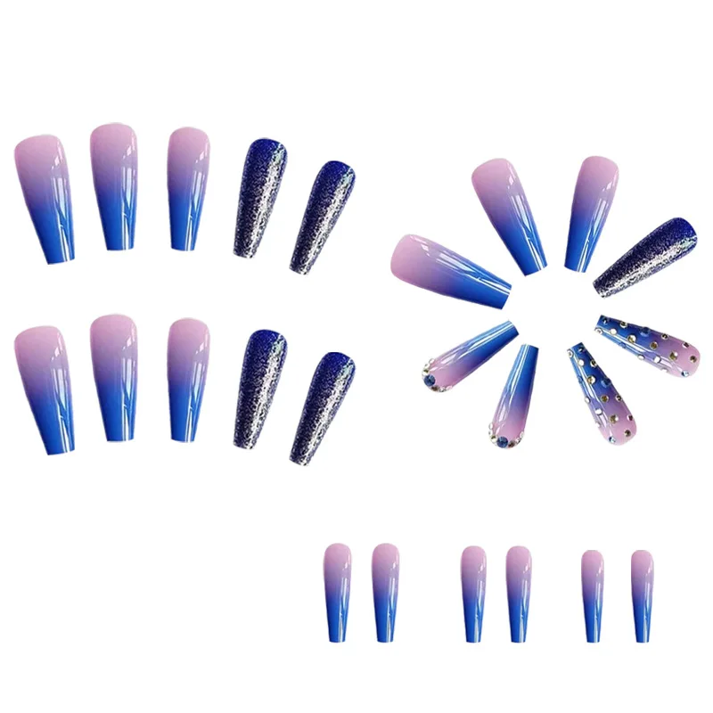 Coffin Press on Nails Long Gradient Blue Fake Nails Acrylic Glitter Diamond False Nails with Designs Blue Ballerina Glue on Tips