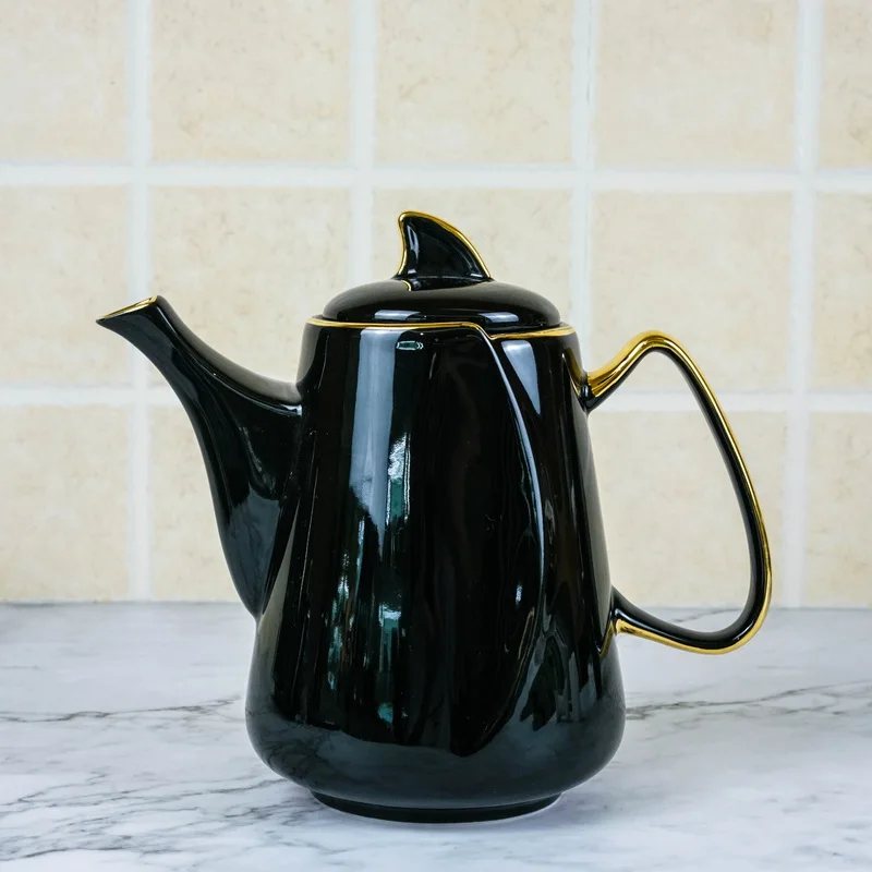 Hot Sale Nordic Ceramic Tableware And Tea Sets vintage tea cup set 27 pcs Gold Rimmed Royal Black Ceramic Tea Cups Set