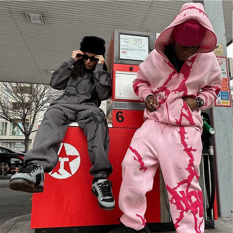 High Quality Custom Puff Print Pullover Hoodies Set Hip-Hop Zip Hoodie Jacket Jogger Pants Tracksuits Two Piece Set 3D Printing