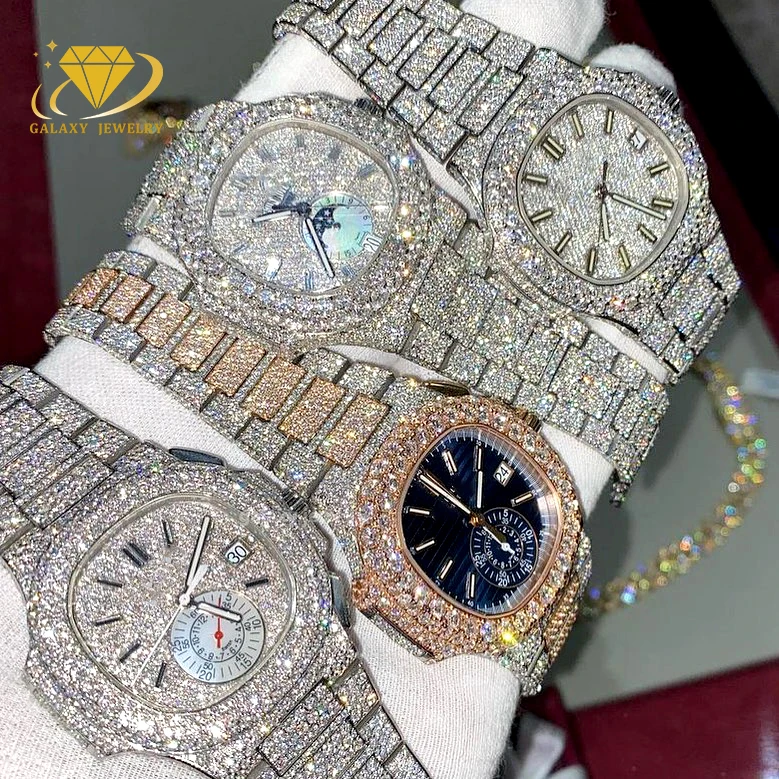 Luxury Iced Out Diamond Wrist Watch Brand Vvs Moissanite Mechanical Stainless Steel Custom Buss Down Watch for Men