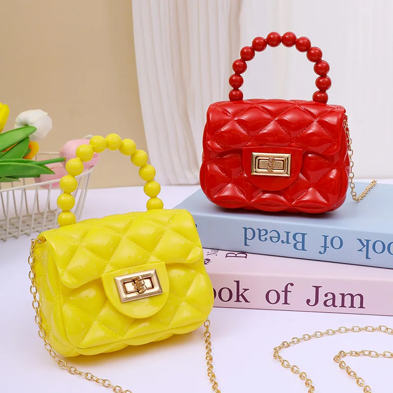 Trendy jelly purse bag for girl cute princess handbag PVC shoulder bags with pearl handle long chain