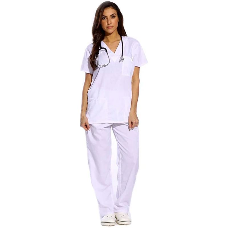 Plus size fashionable modern design white color nurses suit staff scrubs uniforms white designs for ladies nurses