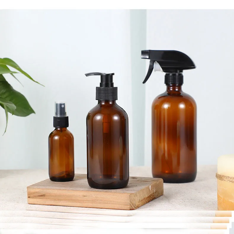 Amber Boston Glass Bottle For Cosmetics Packaging, Different sizes amber glass bottle for oil