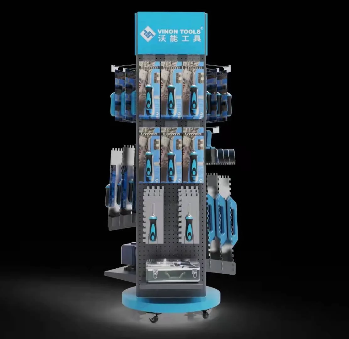 Rotatable 4-sided Four Wheels Hardware Tool Pegboard Display Rack, Free Standing Wheeled Movable Rotating Metal Display Stand