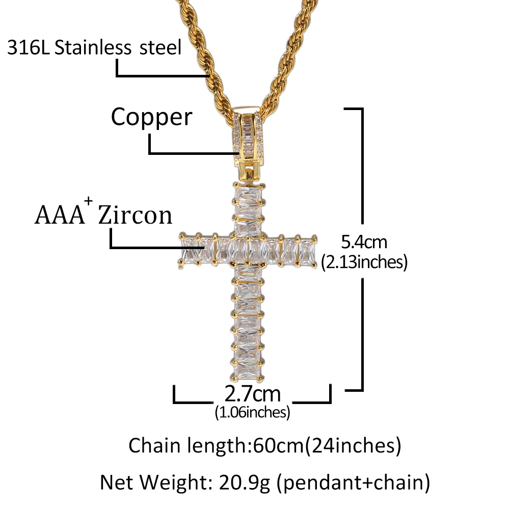 UWIN Hip Hop Gold Plated 5mm Baguette CZ Cross Charm Pendant Golden Bling Rapper Cross Pendants Necklace