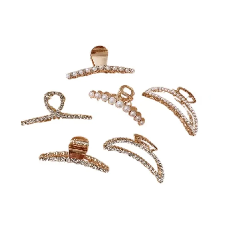 Luxury Hair Claw Golden Metal with Rhinestone Pearl Decoration Hair Claw Clip for Women Hair Hold Accessories