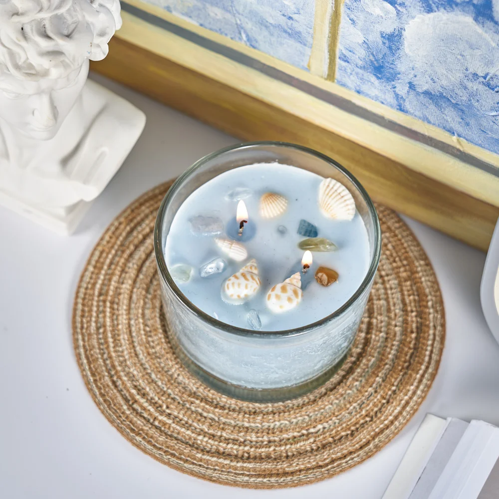 Novelty Style Shell Pillar Jar Natural 2 Wick Blue Scented Candles with Logo