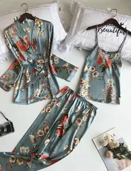 Custom 3 Pcs Printing Women Robe Sets Spaghetti Strap Cardigan Pant Set Sexy Fashion Female High Quality Pajamas