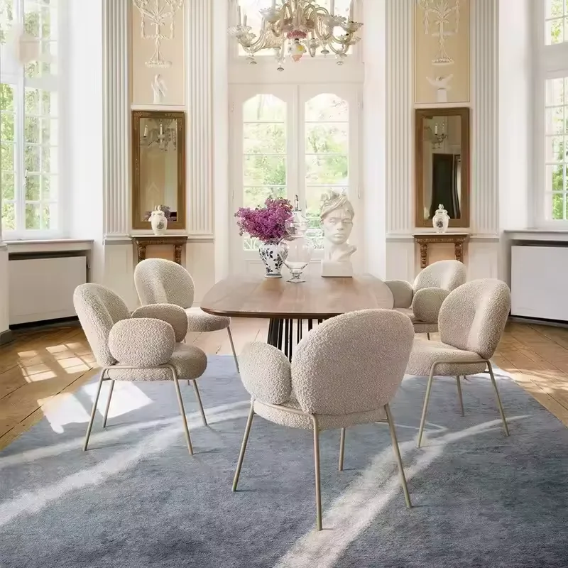 Low Price Fashion Design White Nordic Soft Cushion Velvet Restaurant Chair Kitchen Chair Velvet Teddy Fabric Dining Chair