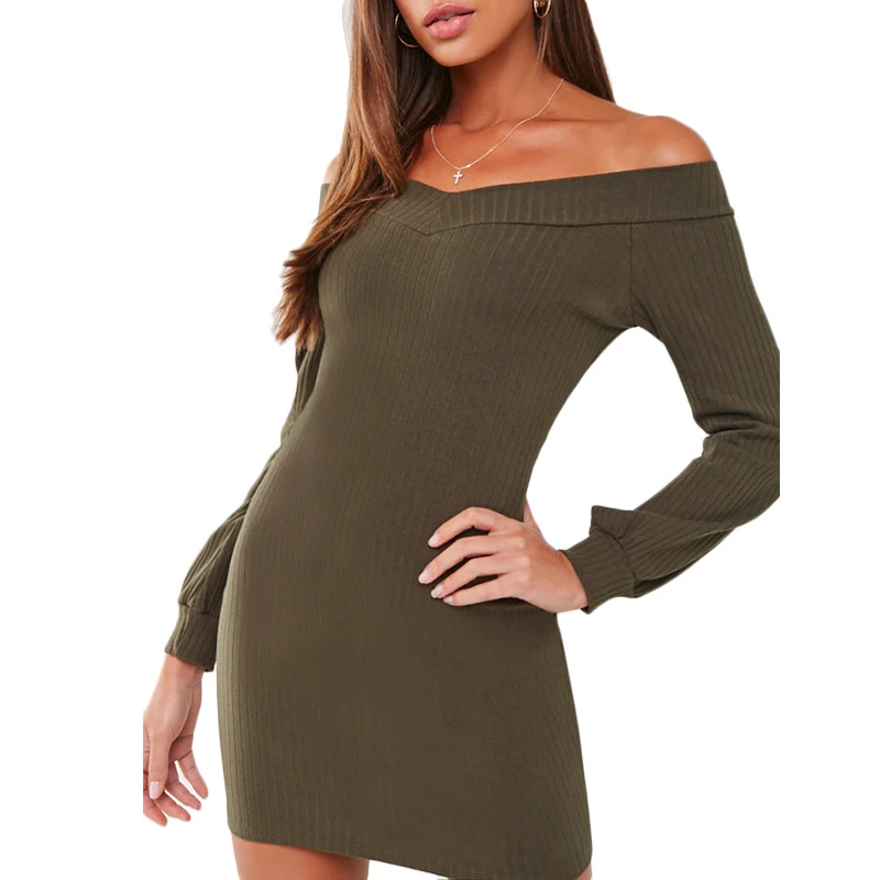 плечами и длинными рукавами для элегантных дам, мини облегающее дышащее платье-свитер с защитой от морщин для сухой уборки, 2020