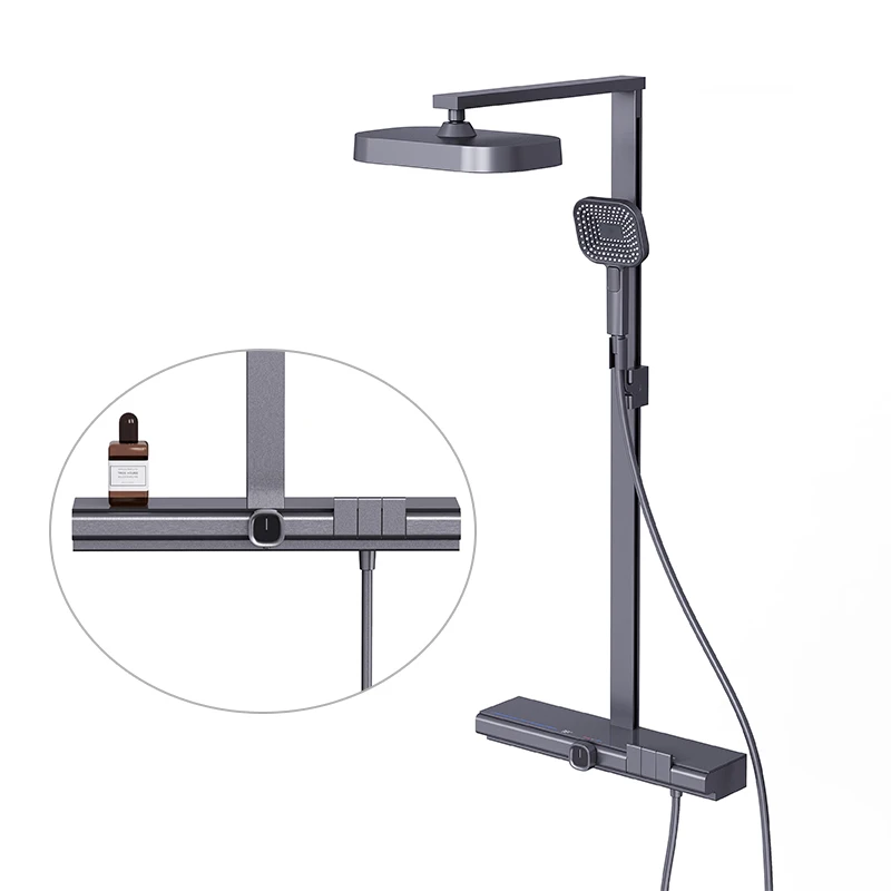 Hot selling Brass thermostatic shower mixer set Gun-grey shelf Rainfall wall mounted with square shower head Shower set