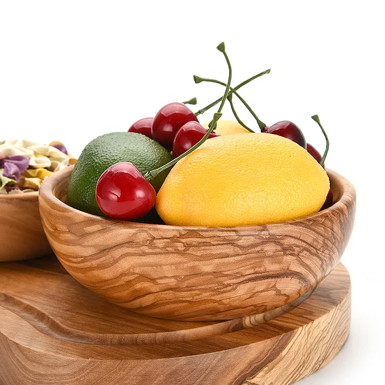 Graceful Wooden food dessert plate Grain Small Round Olive Wood Saucer Dish Japanese Dipping Seasoning Bowls