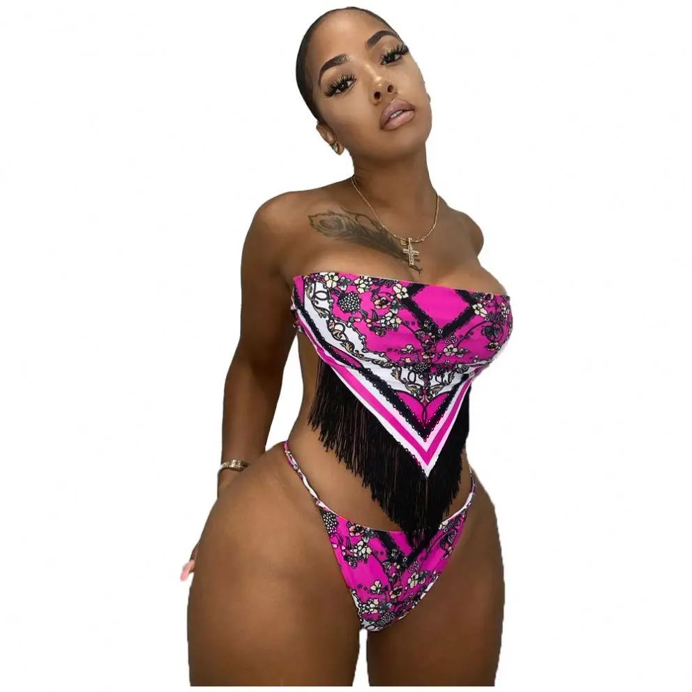 Women Printed Strapless Bikini Sets Mini Brazilian Bikini Sets Fashion Fringe Bikini Set