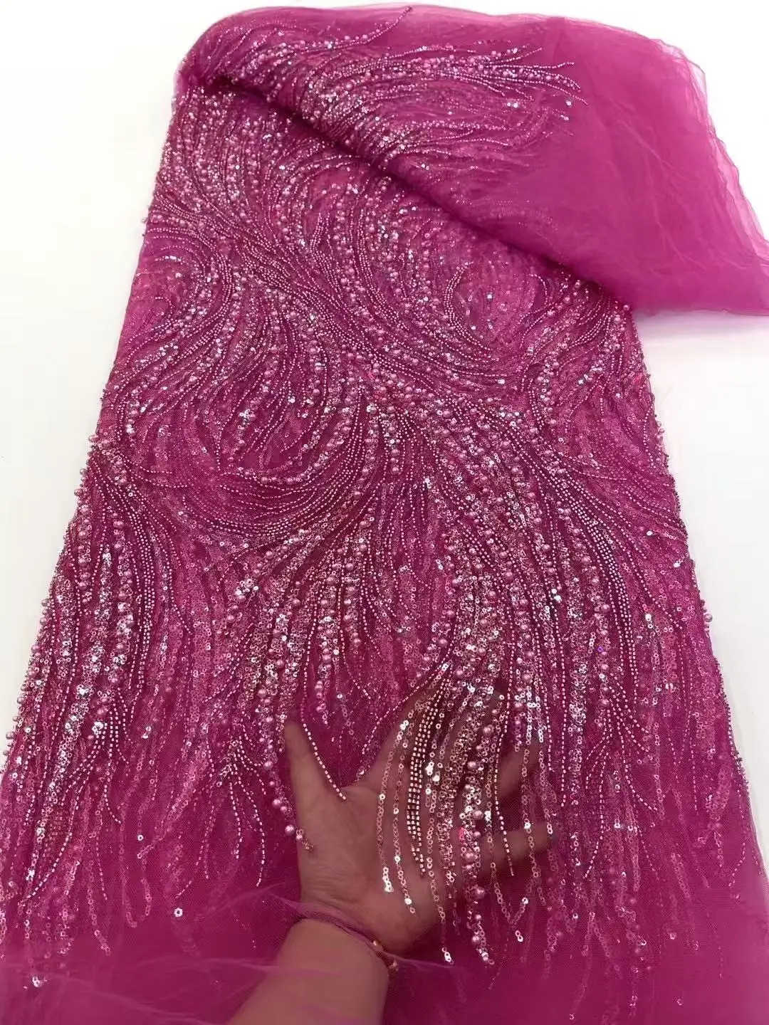 KXH274 Beautiful Heavy Handmade Lace Material Nigerian Sequins Beads Embroidery Fabrics for Evening Party