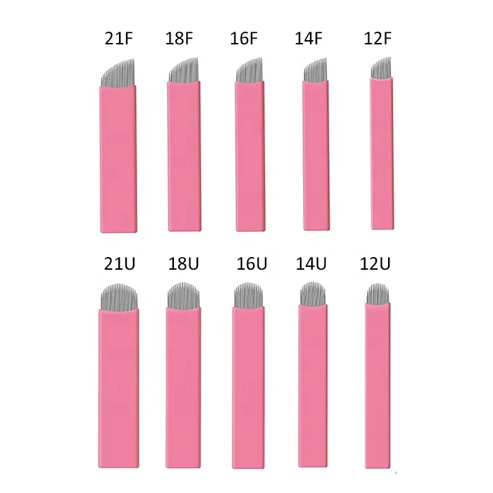 Pink PMU Permanent Makeup Microblading Pen Kit With Disposable .15 Slant 14F 18U Nano Blades and Tattoo Needle