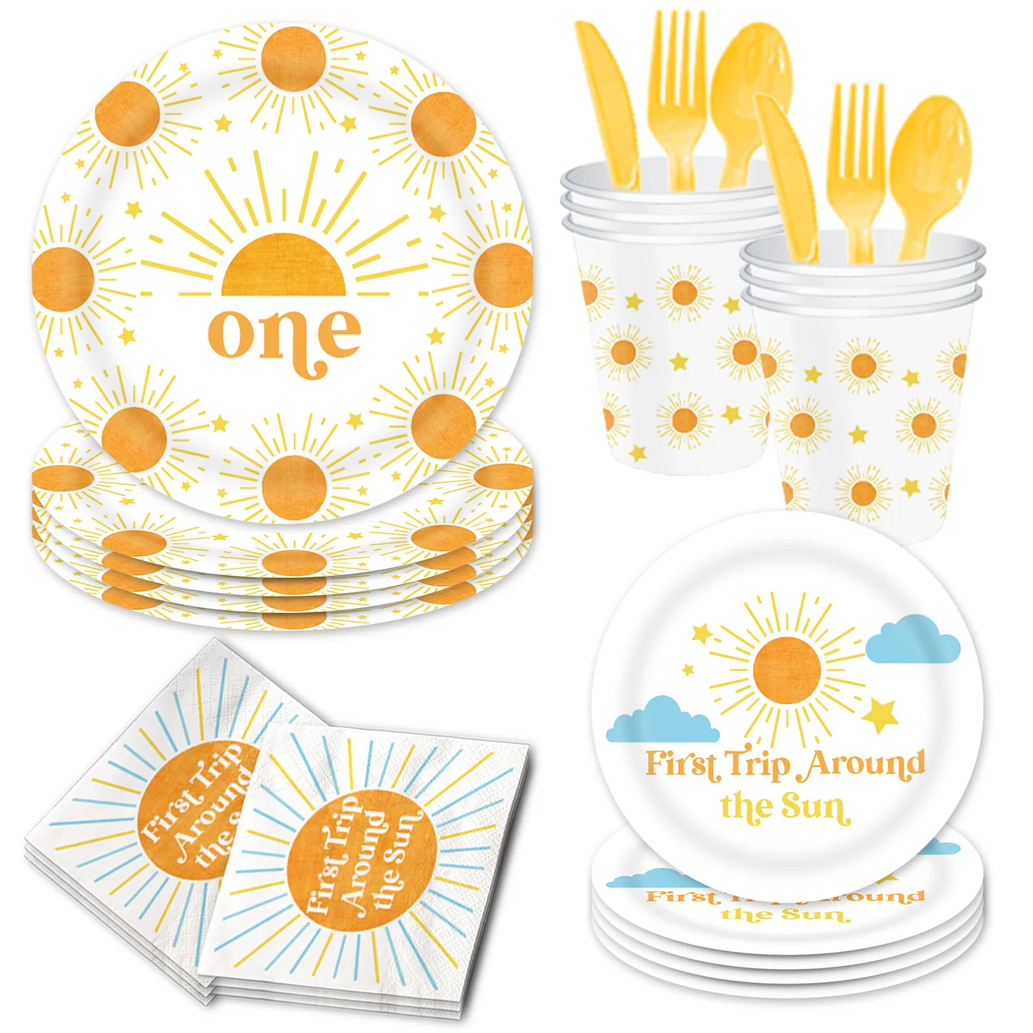 CIVI Custom First Trip Around Sun Birthday Tableware Set Baby Shower Paper Plates for 1 Year Old Baby Birthday Party Supplies