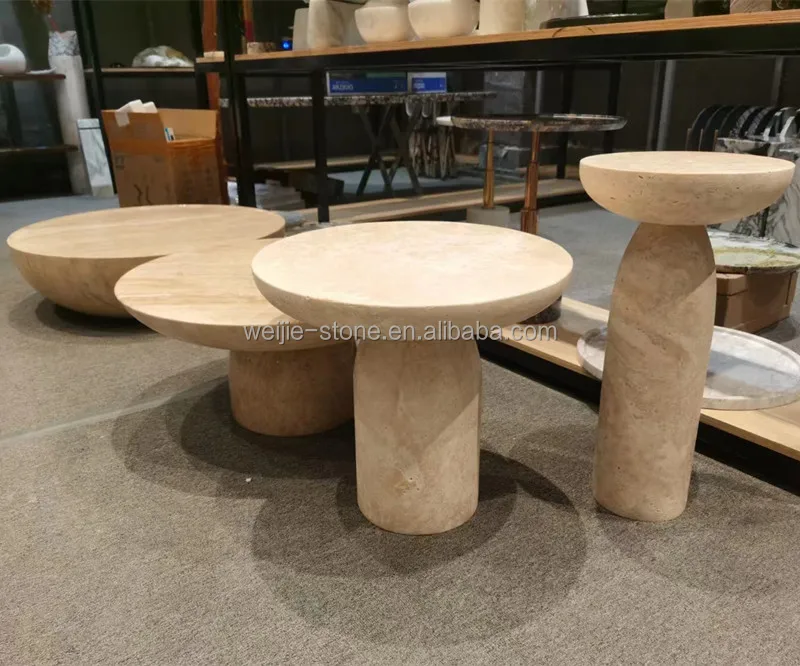 Modern simple design home decoration polished travertine marble coffee table beige natural Japanese style round table