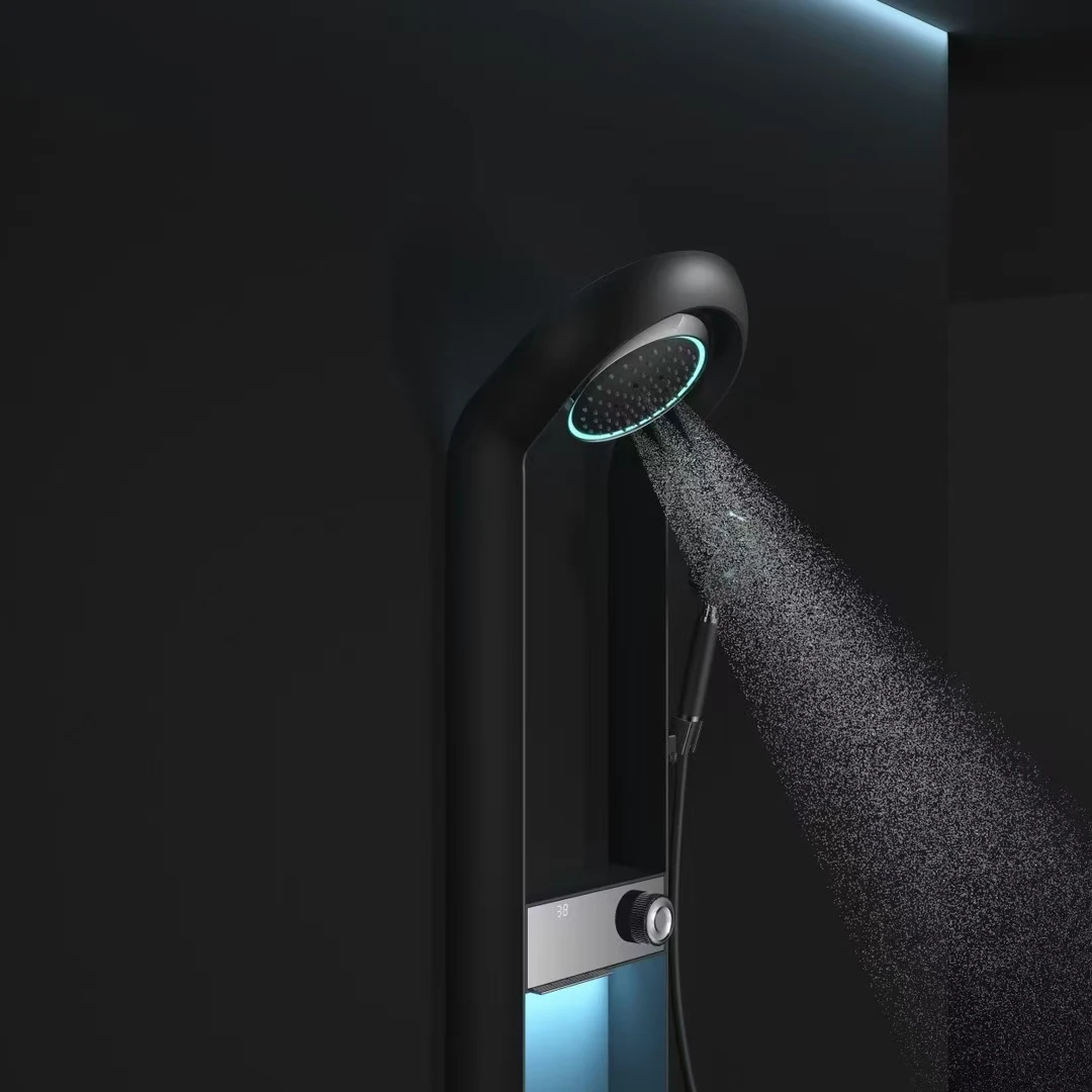 New Trend Cream White Wall Mounted Bathroom Shower with Hot and Cold Top Spray Faucet and Digital Mood Light Shower Set
