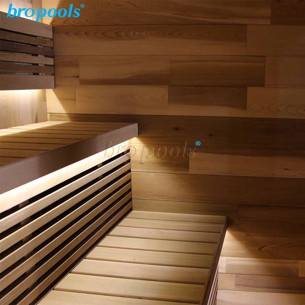 Bropool Modern Design Traditional Canadian Red Cedar Outdoor Cube Sauna Room with Porch Solid Wood Computer Control Panel Villas