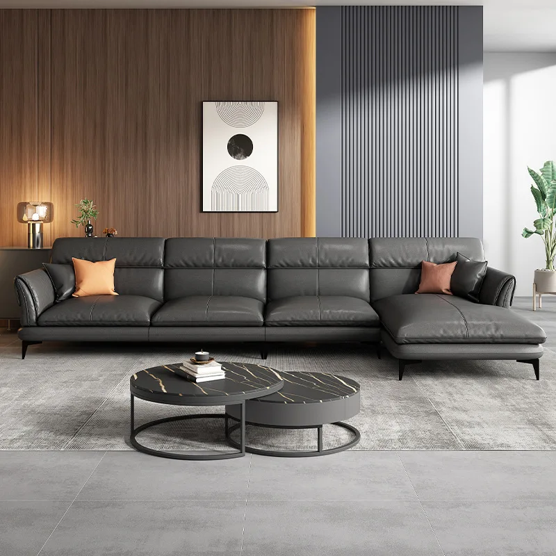 ATUNUS Modern leather sofa corner  living room Italian luxury leather black grey sofa l shaped sectional couch