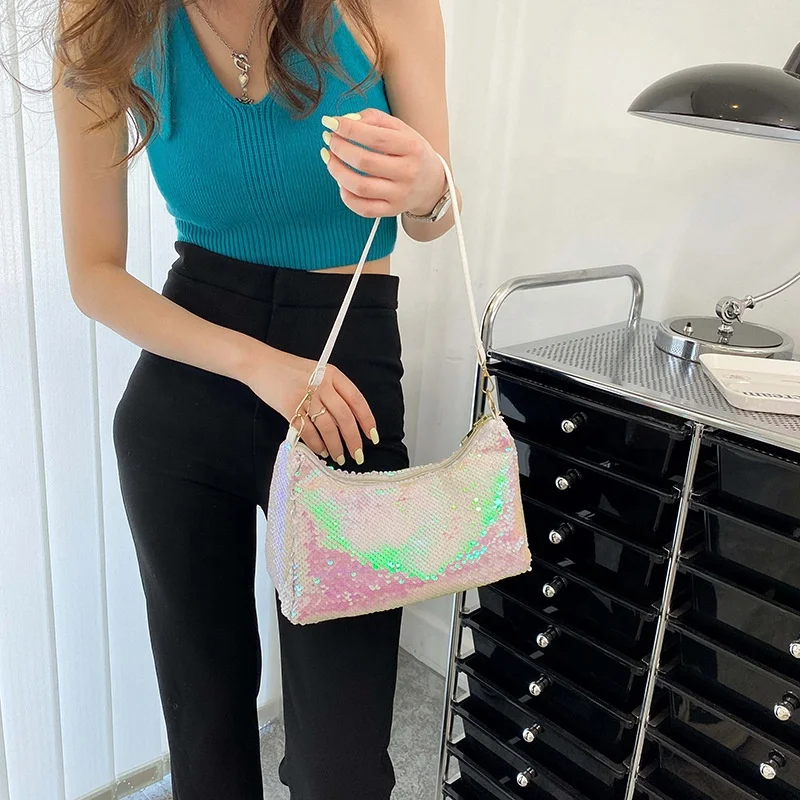 Summer Fashion Luxury Cylinder Paillette Sequins Glitter Women Chain Crossbody Bag Party Night Club Shiny Underarm Bag 2022 New