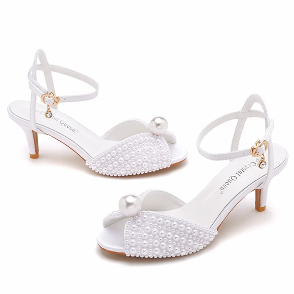 women 6cm high heel  white  pearl  party bridal shoes  woman white  wedding daily princess sandals