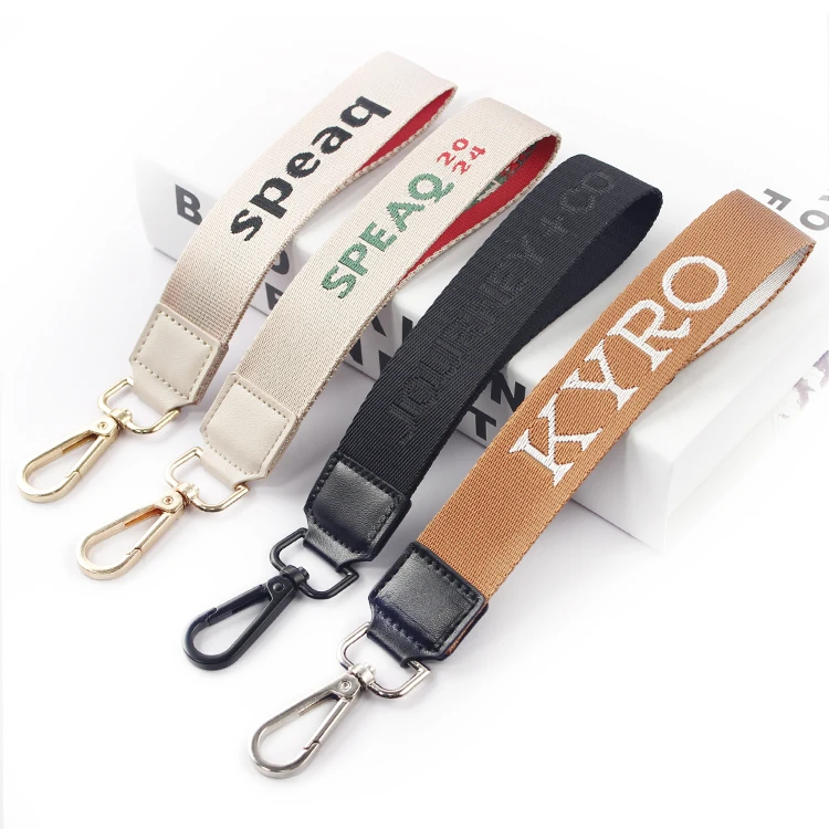 High Quality Fashion Polyester Logo Custom Two Sided Woven Wrist Lanyard Keychain For Keys Short Lanyards