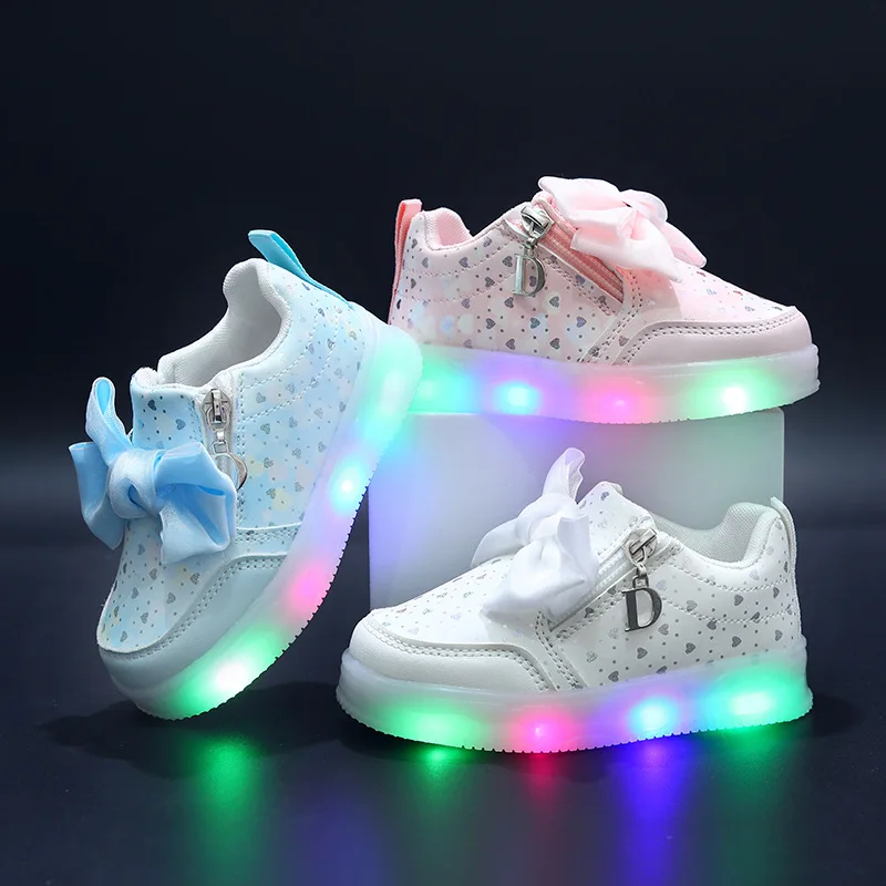 shoes for girls new styles Girls bow Princess  comfortable athleisure shoes Zipper light emitting LED baby girl shoes