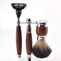 Kinghood Mens metal three blades wood handle gift shaving kit private label shaving safety razor and wood  brush set to gift