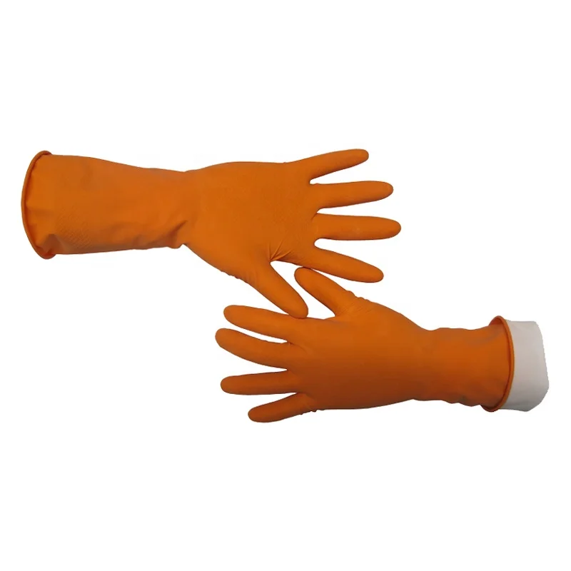 Custom Woman Red Latex Natural Rubber Household Dish-washing Cleaning Glove Spray Flock Liner Gloves Diamond Grip Straight Cuff