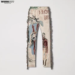 Custom Tassel Oversized Cargo Flare Unisex Stacked Woven Tapestry Pants For Men