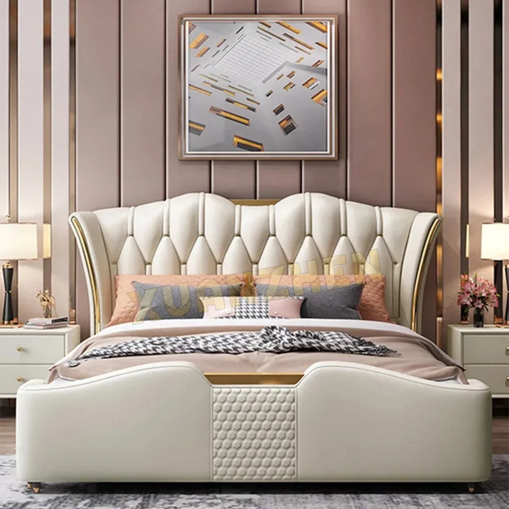 Bedroom furniture queen size luxury leather bed set royal design beautiful golden bed frame metal modern beds Y-X07
