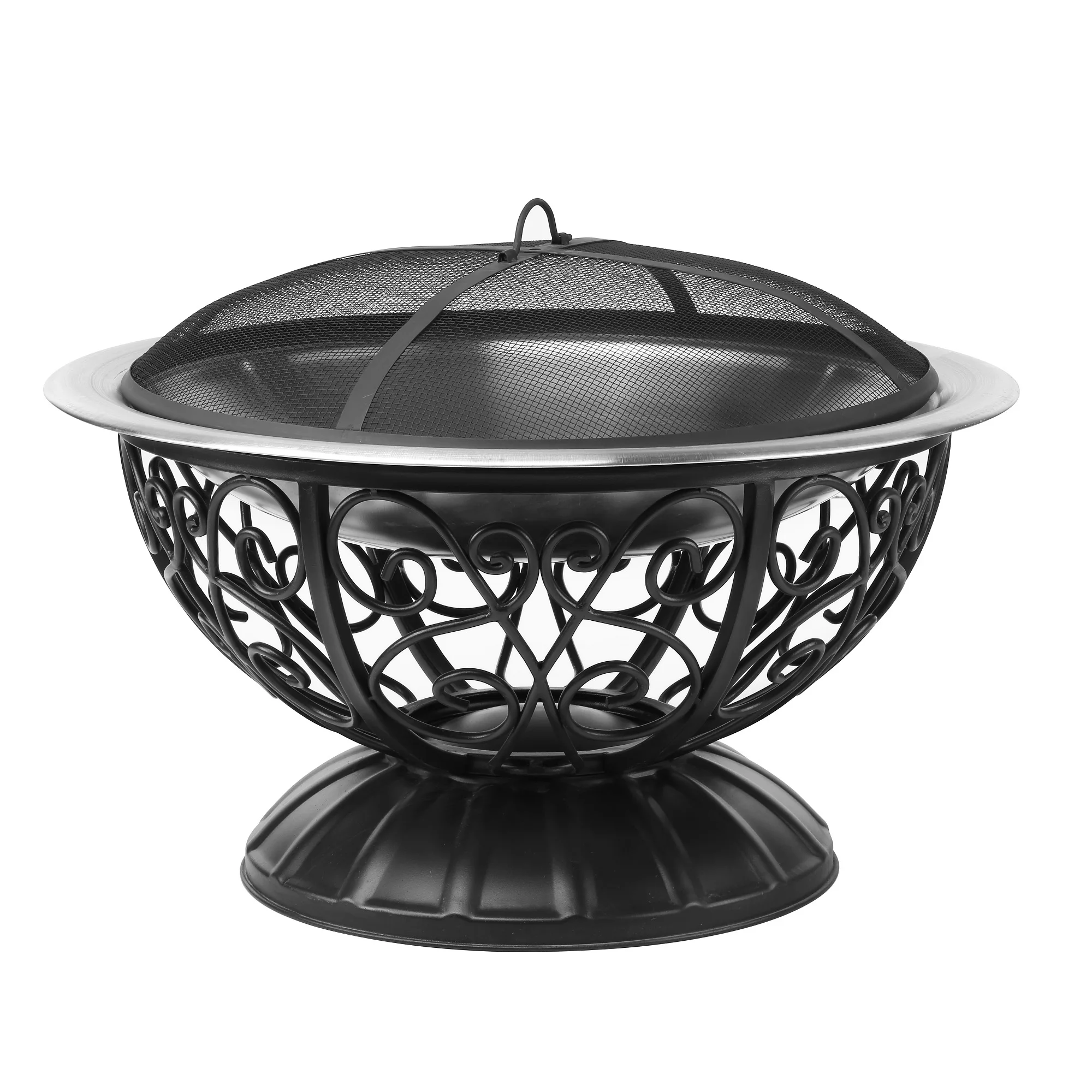 
Metal Cage Backyard Garden Free Standing Firepit Fire Pit with Scroll Base Screen and Cover 