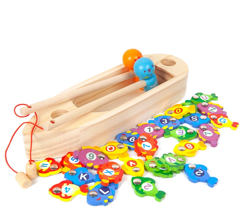 Children Learning Educational Preschool Toys Magnetic Wooden Boat Fishing Game Kids Number Alphabet Catching Counting Toy