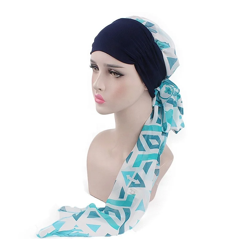 2021 New Muslim Women Headscarf Chiffon Riband Silk Scarf Hat Women Knotted Headwrap Spring Elastic Cap