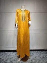 Good style golden loose wear maxi abaya dubai long women muslim dress and hijab