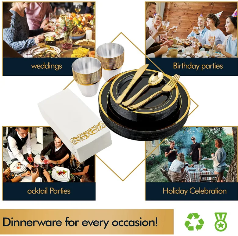 Gold Cups & Plastic Plates & Disposable Goldware, Luxury Dinnerware Set