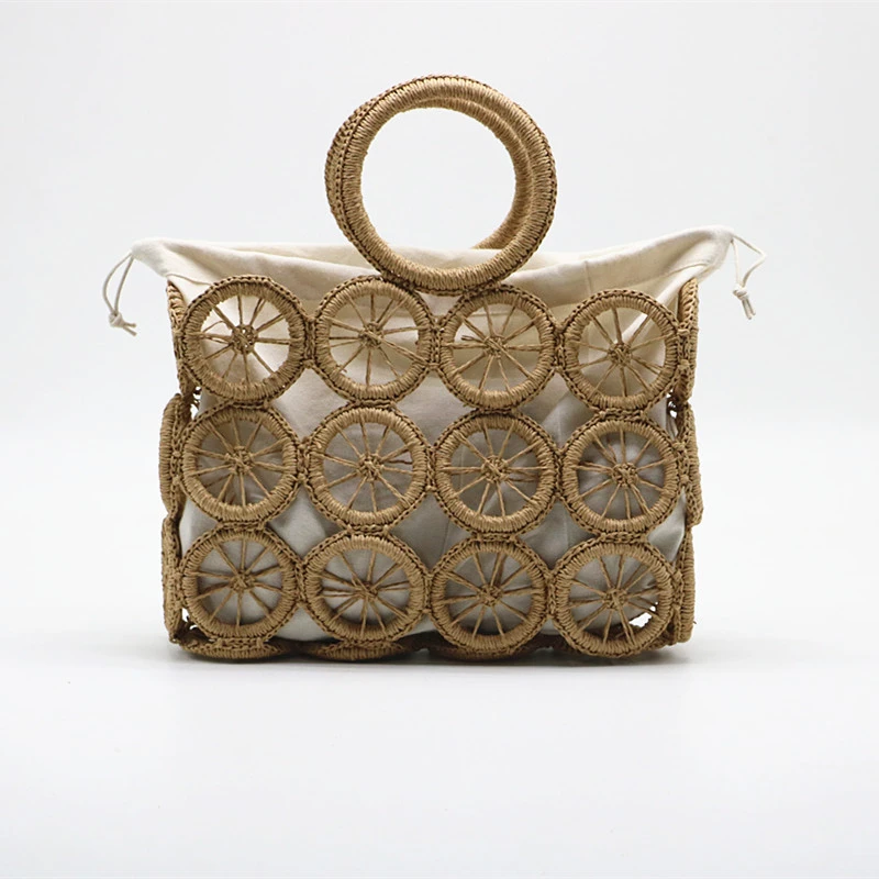 
Handmade vintage grass weave criss-cross wheel women summer beach hollow out tote bag 