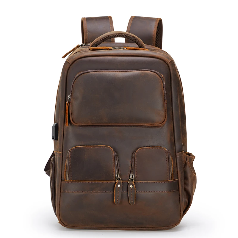 Factory Supply Wholesale Customize Design Full Grain Cow Hide Genuine Leather Laptop Bag Real Leather Backpack Men With USB