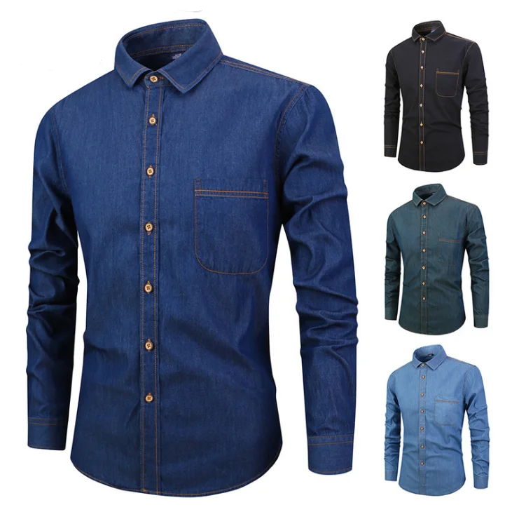 100% COTTON GAMENT WASHED MENS DENIM CASUAL SHIRTS WITH CONTRAST THREAD AND POCKET