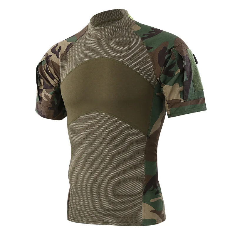 
Shoulder zipper pocket mesh design men dry fit training camouflage t-shirt 