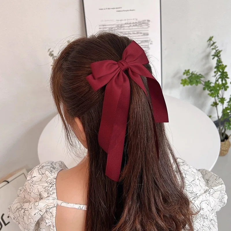 Good quality korean sweet style Hair Accessories Large Satin Hair Ribbon Bows with Long Tail Hair Barrettes