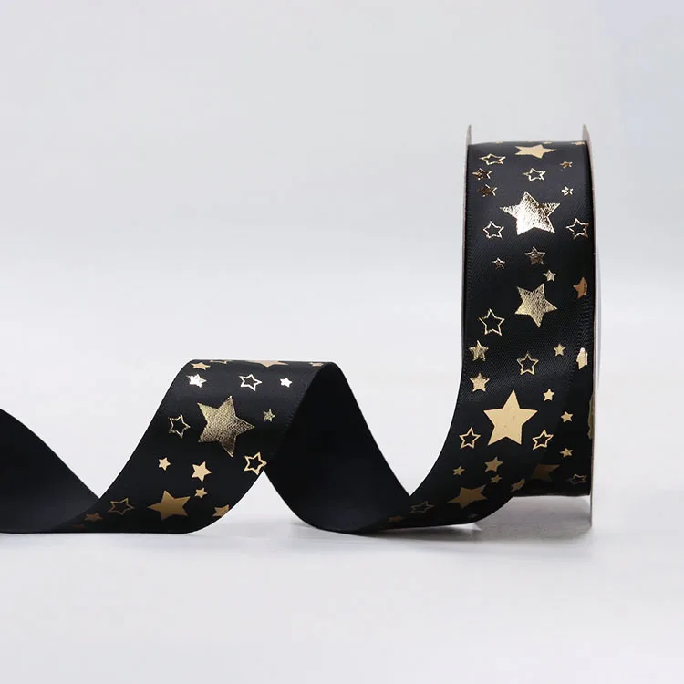 High Quality Custom 19mm 25mm Metallic Gold Foil Printed White Black Satin Ribbon Luxury Design Gift Package Roll