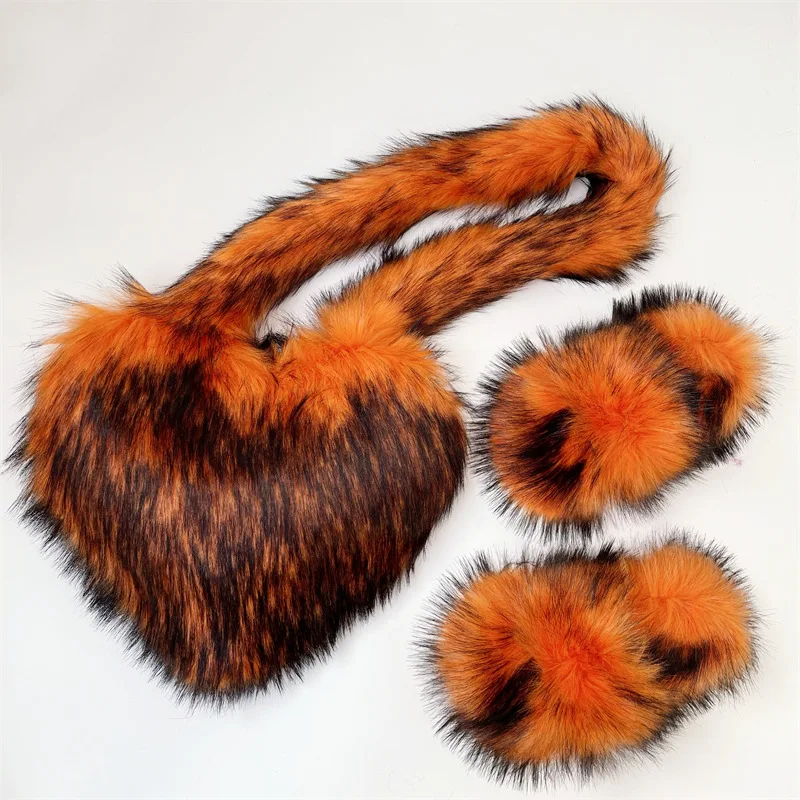 Handbag sets Pantuflas De Peluches Slip On Zapatillas Fluffy Plush Real Raccoon Mongolian Hair Fox Fur Slides Slippers for women