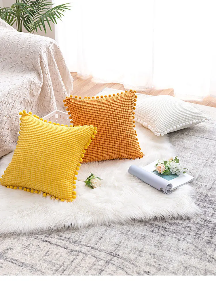 ins home fabric corn pom with ball living room sofa pillow cover modern solid color corduroy cushion pillow cover