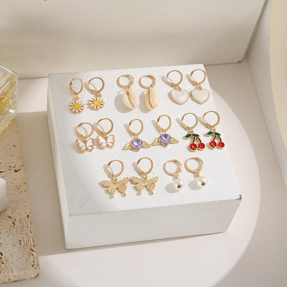 PUSHI fashion creative rhinestone cherry earrings fruit butterfly wings earrings pearl ear clip 9 pairs combo earrings set