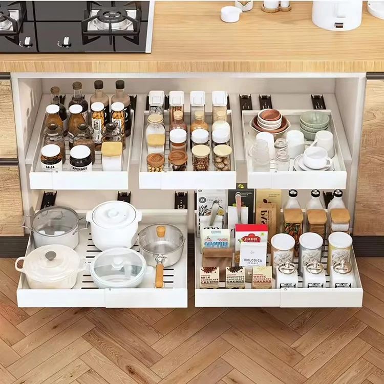 Large Capacity Expandable Pull Out Organizer Drawer Slide Out Kitchen Metal Cabinet Organizer Storage Punch-free Drawer