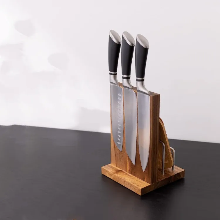 Magnetic Knife Block Without Knives Acacia Wood Stand For Kitchen Counter Space Saving Storage Knife Block