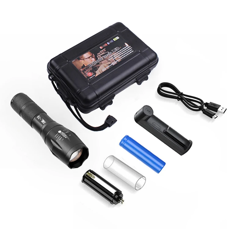 Plastic box 5 Lighting Modes led flashlight 1200mAh 18650 Li-ion battery Charger with USB cable
